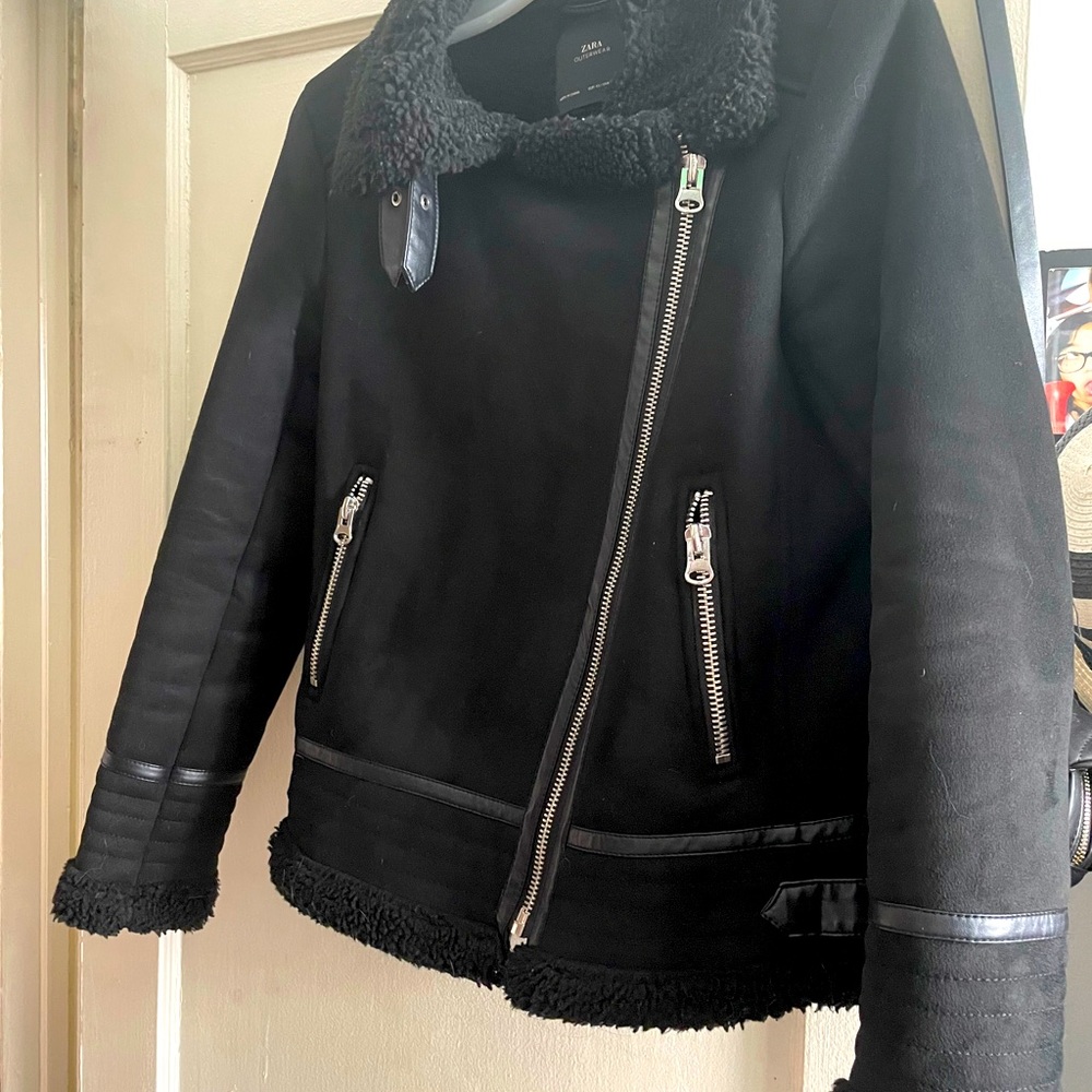 Zara suede shearling biker moto jacket